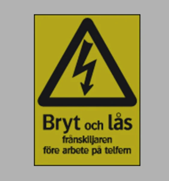 Advarselsskilt. Afbryd & lås afbryderen før arbejde med taljen