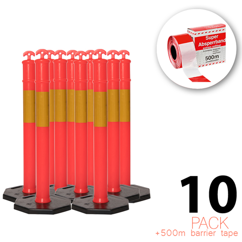 (10 Pakke) Flexibarrier T-Top Poller med fod + 500 m Afspærringstape – 115 cm