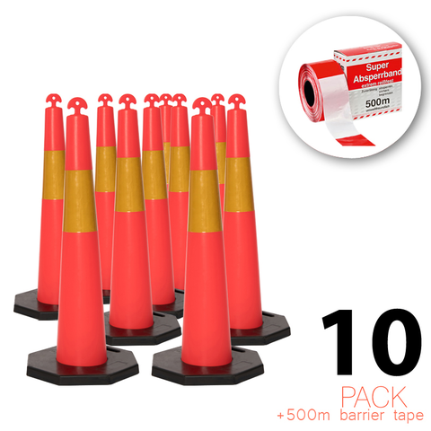(10 Pakke) Flexibarrier T-Top Trafikkegle med 8 kg fod + 500 m Afspærringstape – 115 cm