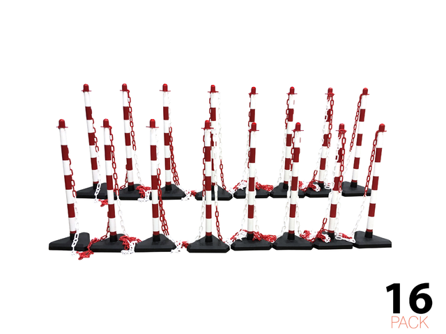Kædestolpe Sæt - Økonomi -, 16 Stolper inkl. 25m Plastkæde (Rød/Hvid)