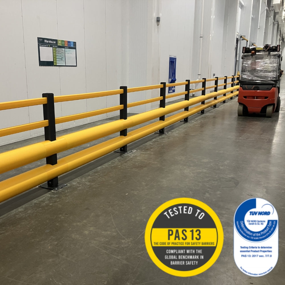 Brandsafe double bumper pedestrian barrier for warehouse and industrial safety