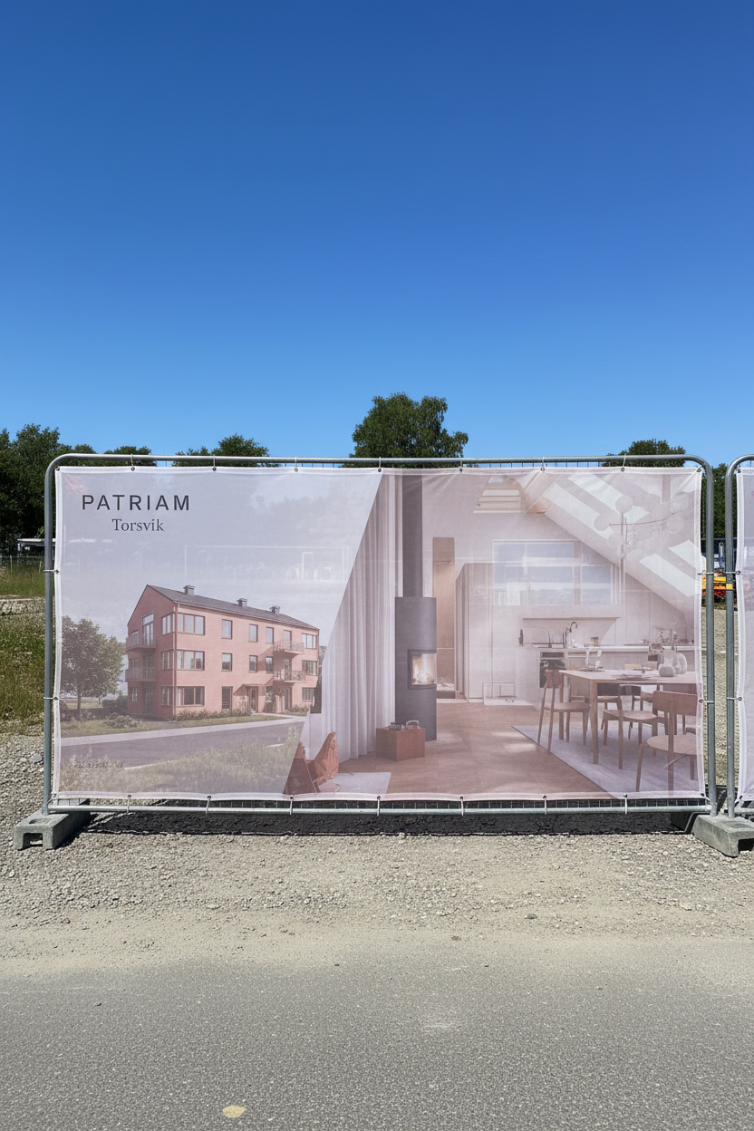 Banner til byggehegn – mesh-PVC – 3.5 × 2.0 m – specialtrykt