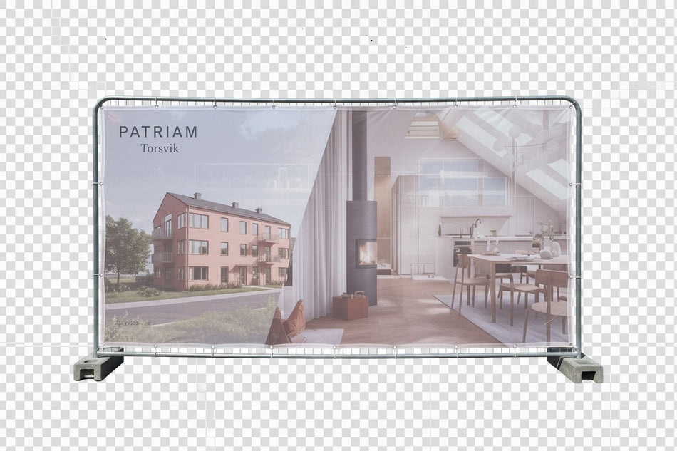 Banner til byggehegn – mesh-PVC – 3.5 × 2.0 m – specialtrykt