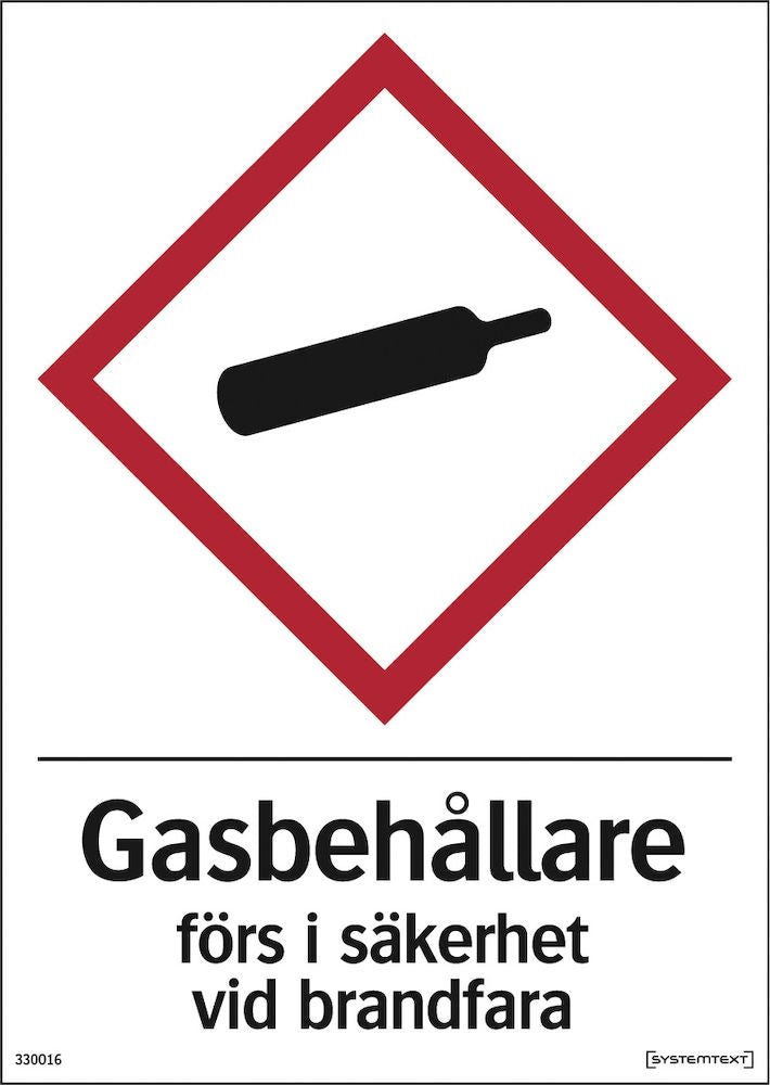 Advarselsskilt. Gasflasker bringes i sikkerhed ved brand