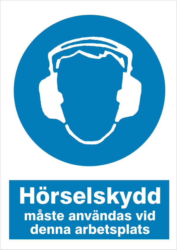 Påbudsskilt. Høreværn skal anvendes på denne arbejdsplads
