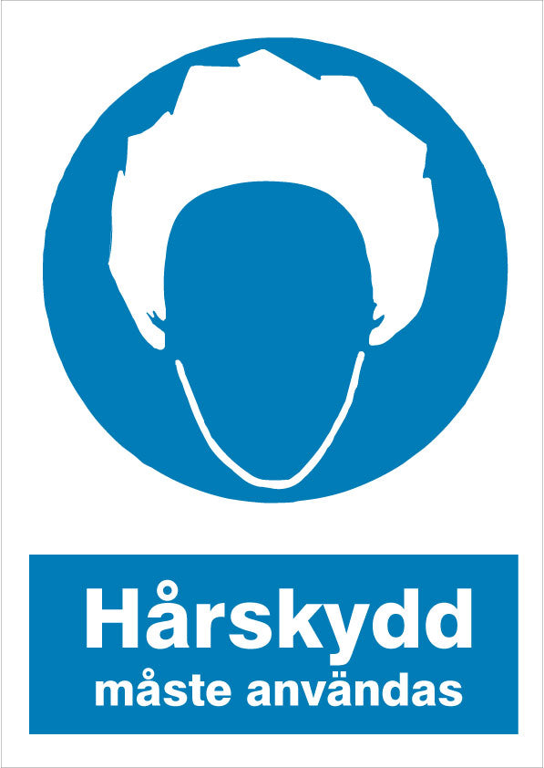 Påbudsskilt. Hårbeskyttelse skal anvendes.
