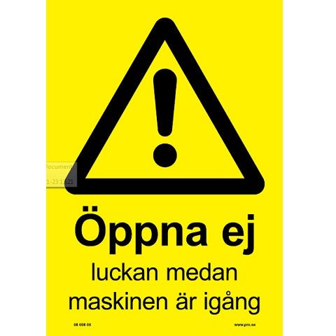 Advarselsskilt. Åbn ikke lugen
